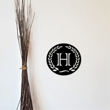 Metal Initial Sign with Laurel Wreath | Personalized Custom Letter Metal Wall Art | Steel Laurel Wreath Monogram | Entryway or Living Room